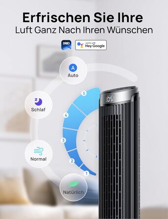 DREO Smart Tower Ventilator: Тихий вентилятор з Wi-Fi, дистанційним керуванням та керуванням голосом (Alexa), 90° осциляція, 5 швидкостей, 12-годинний таймер, сріблястий