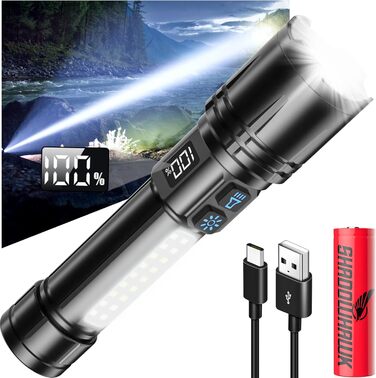 Ліхтар Shadowhawk XHM90.2: Потужний LED ліхтар з LCD дисплеєм, COB бічне світло, 7 режимів, 500000 люмен, тактичний, для кемпінгу та активного відпочинку, чорний