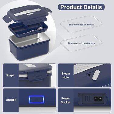 Електрична ланчбокс 100W для дорослих, 3-в-1, 12/24/220V з термоізоляцією, Besteck та ізольованою сумкою, 1.8L, для авто, офісу, синій