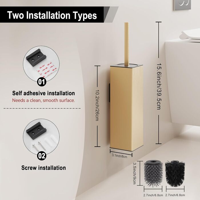 Настінна щітка для туалету BVL з кріпленням без свердління, набір з 2 насадки, силіконова щітка для унітазу, кутова, білий матовий колір