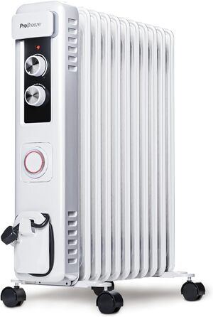 Pro Breeze 2500W Oil Radiator with 11 Heating Ribs, Electric Heater, 24h Timer, Energy-Saving Oil Radiator, 3 Heating Levels, Adjustable Thermostat & Safety Shut-Off Function White