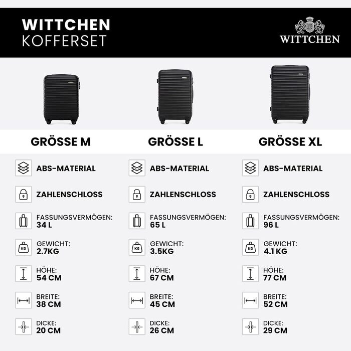 Набір валізWITTCHEN 3в1: велика, середня, маленька. Чорний, ABS, з коліщатками на 360°, TSA-замок. Підходить для Lufthansa, Eurowings, Ryanair, Condor