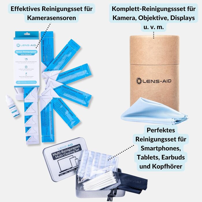 Набір для чищення камери LENS-AID 8-в-1: для об'єктивів, камер повного формату та APS-C. З рідким очищувачем, мікрофіброю, стайками, серветками, стиком, повітряним насосом та іншим.