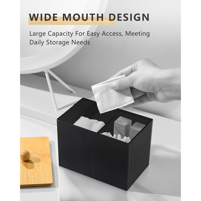 Диспенсер для ватних дисків та паличок з бамбуковим кришкою, органайзер для ватних виробів, чорний, для ванної кімнати