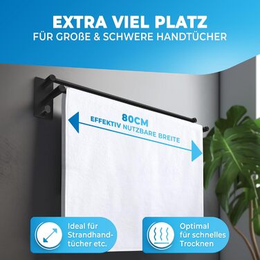 Тримач для рушників без свердління, нержавіюча сталь, чорний - з двома гачками, 80 см, для ванної кімнати, душової кабіни, кухні