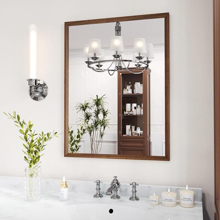 WEER Дзеркало для ванної кімнати чорного кольору з рамою, 61 x 81 см, матове чорне дзеркало для макіяжу, прямокутне настінне дзеркало з металевою рамою, загартоване скло, заокруглені кути, нержавіюче (Волоський горіх, 55.9L x 76.2B cm)