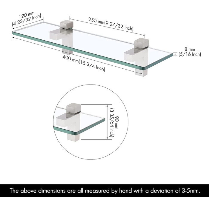 KES Shower Shelf for Hanging, Bathroom Shelf, Wall Shelf, Shower Glass Shelf, 8mm Shower Shelf, Bathroom Shelf, Tempered Glass with Shelf Supports 60cm Brushed Nickel, BGS3201S60-2 (40 CM, Brushed Nickel)