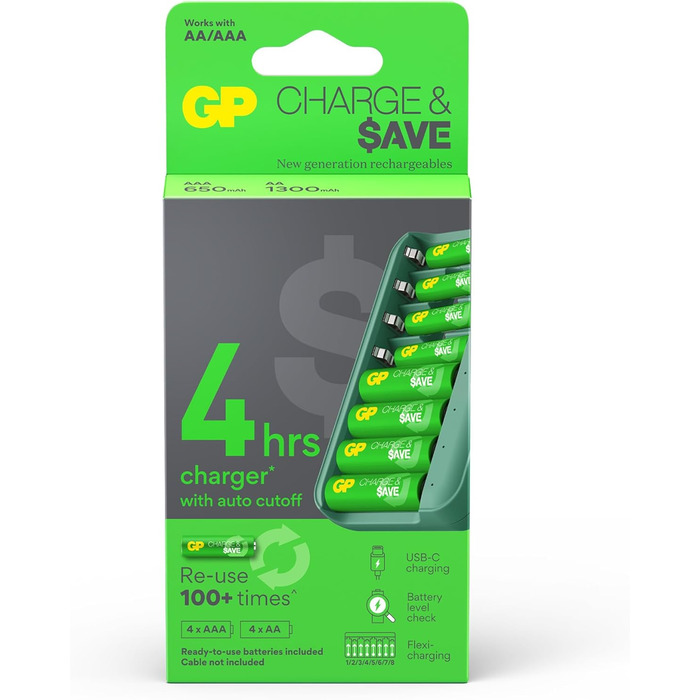 Зарядний пристрій для акумуляторів GP Charge&Save AA AAA з USB-C, 4 слоти, швидка зарядка, LED-індикатор, компактний дизайн