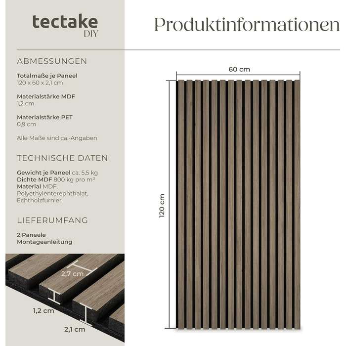 Акустичні 3D-панелі tectake для стін 120 x 60 x 2,1 см, шумопоглищаючі панелі під темний дуб, набір 2 шт.