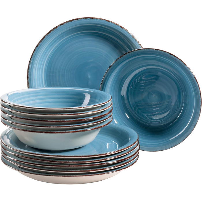 MÄSER 931602 Bel Tempo II Dinnerware Set for 6 People in a Modern Vintage Look, 12-Piece Tableware Service, Hand-Painted, Dark Blue, Stoneware, Blue