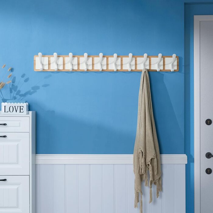 SKOLOO Coat Rack Wood - 44cm, Engraved Design, Sturdy Wall Hooks with 6 Hooks, for Hanging Clothes, Coats, Hats, Jackets, Scarves, Backpacks, Hook Rail Wood All White