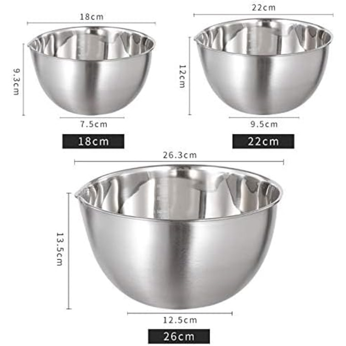 Набір місок для перемішування, 3 шт. з нержавіючої сталі, з носиком, для приготування та подачі, 1.5 л, 3 л, 5 л