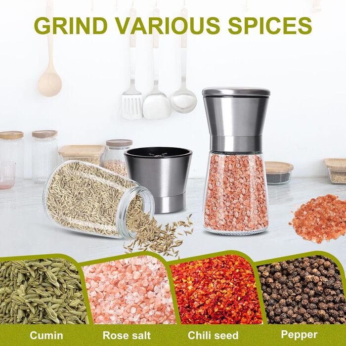 Набір ручних мельниць для солі та перцю 2 шт. з регульованим керамічним жорном, 180 мл