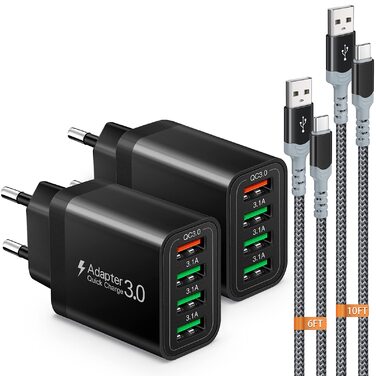 Зарядний пристрій USB 33W QC 3.0, 4 порти + 2 кабелі USB-C (2м/3м) для Samsung Galaxy S24/23/22/21, iPad Pro, LG, Sony - чорний