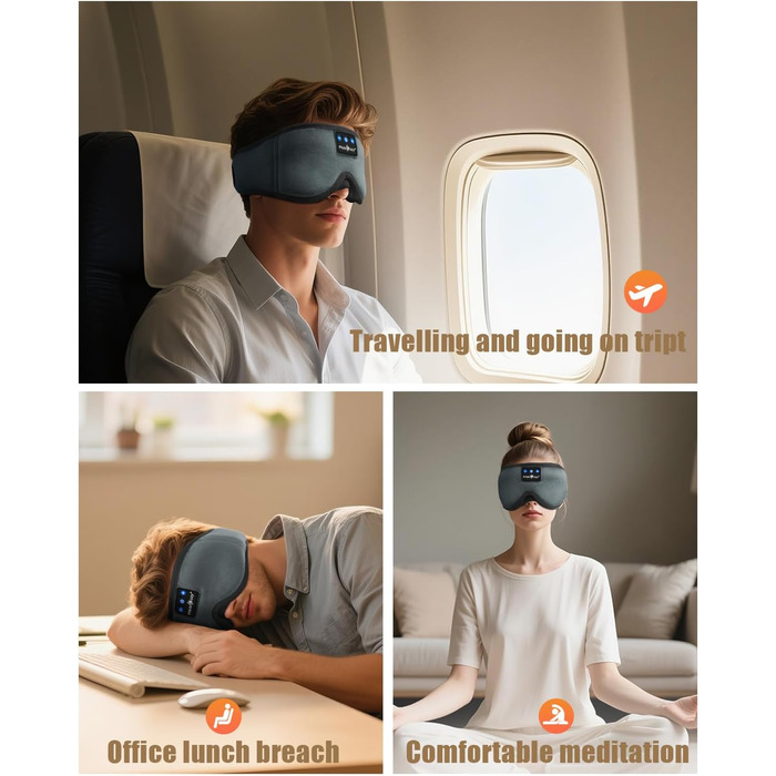 Маска для сну Musicozy з навушниками | Bluetooth 5.4, блокування світла, для подорожей, преміум-якість | Подарунок для чоловіків та жінок (Сірий)