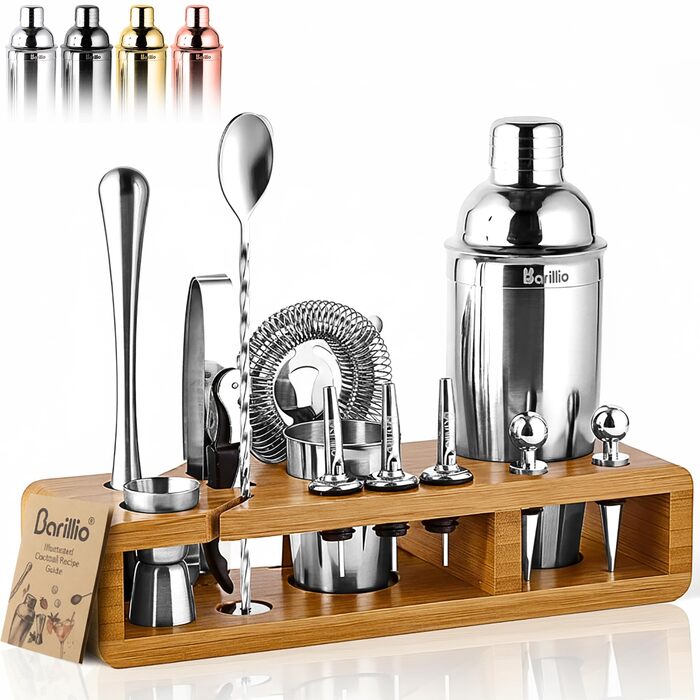 Barillio Elite Mixology Barkeeper-Set: Набір для коктейлів з бамбуковою підставкою та аксесуарами, срібний
