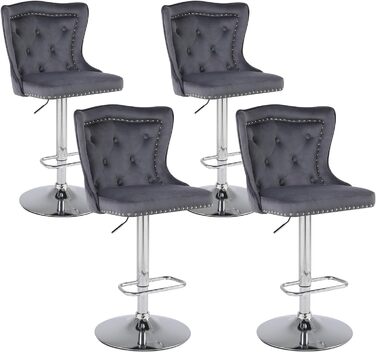 KHISCHMO Set of 4 Velvet Bar Stools - Modern Kitchen Counter Stools with Lion Paw Pulls - Adjustable Height, 360° Swivel - Black (Gray)