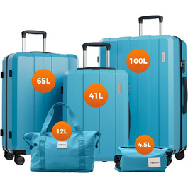Набір валіз, багажний набір, ролери, валіза-ролер 5шт, ABS пластик, TSA замок, містить 1 велику сумку та 1 косметичку, 4 колеса, телескопічна ручка з алюмінію (рожеве золото) (світло-блакитний)
