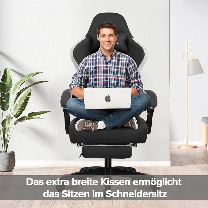 Ігровий крісло GTPLAYER з ергономічним дизайном, м'якою оббивкою з тканини, підголовником та підставкою для ніг, світло-чорного кольору