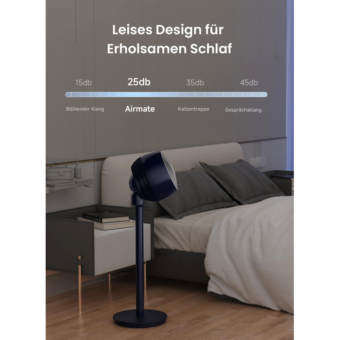 Вентилятор AIRMATE 25dB з підставкою, тихий, висока потужність 26 м, 1600 м³/год, регульована висота, з пультом керування, 3 режими/12 швидкостей/12 таймер