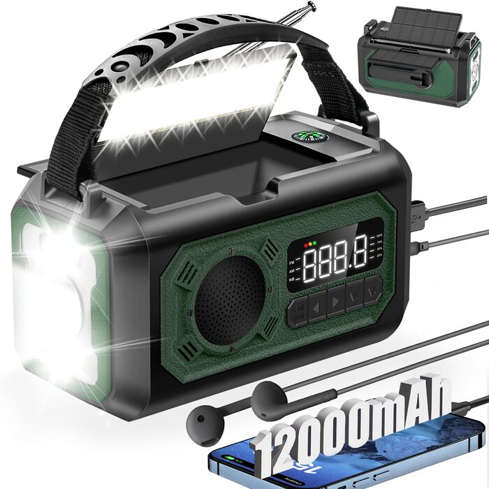 Радіо на сонячних батареях та ручному заводі 12000mAh з USB зарядкою, ліхтариком, компасом, NOAA, AM/FM - аварійне радіоприймач