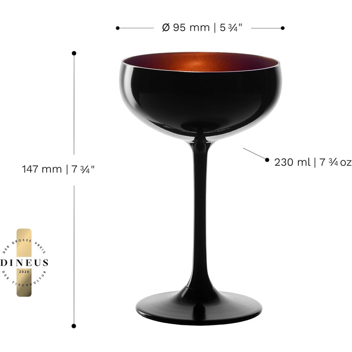 Набір келихів для шампанського Stölzle Lausitz Elements, 6 шт, 230 мл, чорний/бронзовий – елегантні келихи з кришталевого скла без свинцю, придатні для миття в посудомийній машині та стійкі до ударів