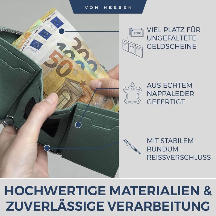 VON HEESEN Leather Wallet with RFID Blocker - Wallet for Women & Men made of Genuine Leather - Wallet with Coin Pocket - Purse for Women and Men in Turquoise (Silver Pine)