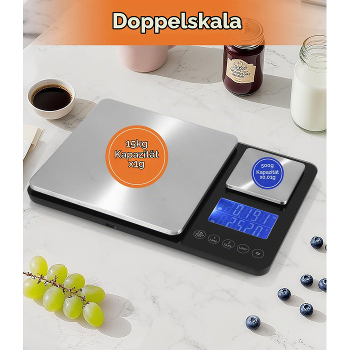 Цифрові кухонні ваги з подвійною платформою Doppelplattform (10кг/1г та 500г/0.01г), нержавіюча сталь, USB-зарядка, функція тари, LCD-дисплей