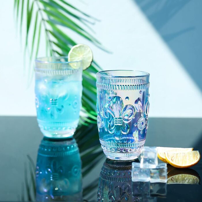 Joeyan 370ml Rainbow Water Glasses, Set of 4 Gradient Tumbler Glasses, Colorful Embossed Flower Pattern, Shimmering Iridescent Drinking Glasses, Romantic for Everyday Family Meals, Party, Office, Drinks, Cocktails, Juice