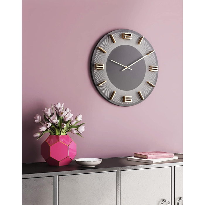 Kare Design Wall Clock Leonardo, /Gold, 49cm Diameter, Modern, Aluminum, Round, Clock for Living Room, Bedroom, Office, Battery not included (Gray)