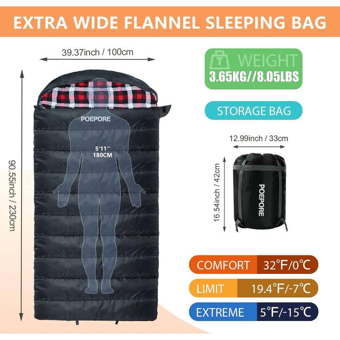 Спальний мішок Poepore Outdoor Winter для дорослих, XXL, 3-4 сезони, теплий бавовняний фліс, 230x100 см, 0°C (сірий, -6°C)