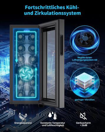 WIE 33 Liter Wine Fridge - 1 Zone, 12 Bottle Capacity, Mini Wine Cooler with Glass Door & LED Touch Panel, Anti-UV