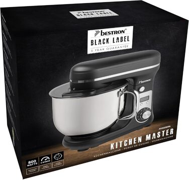 Кухонна машина Bestron Super Silent (65db) з DC-двигуном, 6 літрів, з набором насадок (крюк, вінчик, гак для тіста), 6 швидкостей + Pulse, матова чорна