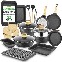 Набір посуду NutriChef 22 предмети антипригарний мармуровий – сковороди, каструлі, кухонне приладдя, форма для випічки, рукавиці, для індукції, посудомийна машина