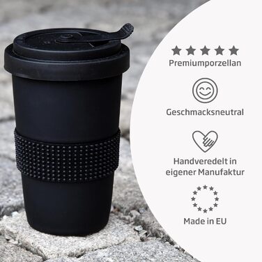 Mahlwerck Coffee-to-go Mug, Porcelain Coffee-to-go Cup with Leak-proof Lid, Design, Grey, 400ml (1 Piece (1-Pack), Black)