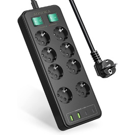 Мережевий фільтр 8 розеток з USB C, USB A, захистом від перенапруги, адаптер розеток, з двома вимикачами, кабель 1.5м, чорний