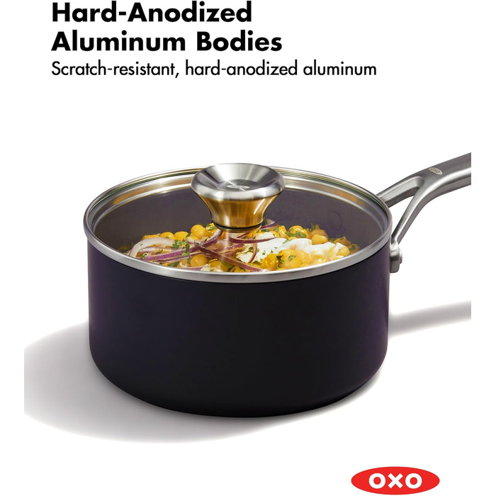 Набір кухонного посуду OXO Professionelles 5-piece з керамічним покриттям, індукційний, з нержавіючої сталі, без PFAS, діамантова обробка, для посудомийної машини (2.3QT та 1.7QT каструлі з кришками)