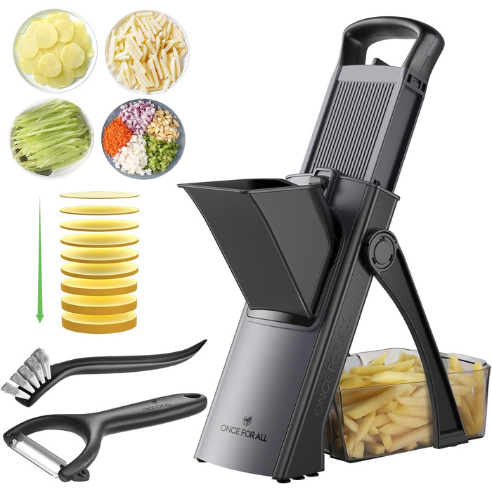 Мандоліна-слайсер ONCE FOR ALL Upgrade: безпечний, великий, з регулюванням, для овочів та продуктів, для картопляного фрі, знімні леза (чорно-сірий + ніж для взуття)