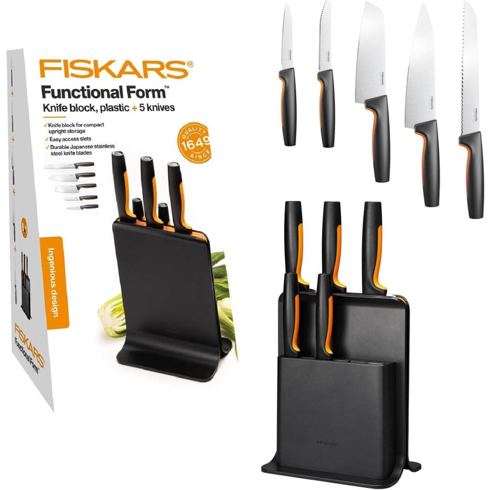 Набір ножів Fiskars Functional Form: блок з 5 ножами (овочевий, для томатів, Santoku, кухонний, для хліба), пластик, чорний