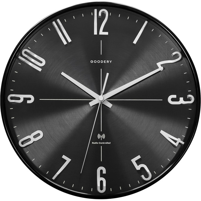 GOODERY Wall Clock Ø 30 cm Silent 3D | Large, Modern, Analog Wall Clock without Loud Tick Sounds, Virtually Silent | Decoration for Every Wall | Clock, Radio Controlled | Radio Controlled Clock (Black/Silver)