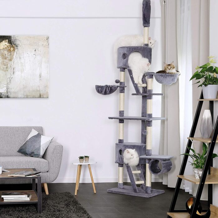 Драбина для котів Lionto XXL з сизалю та плюшу, 230-250 см. Комплектація: іграшкові м'ячики, дзвіночки, гамак, тунель, печери. Підходить для котів будь-якого розміру, сірий колір
