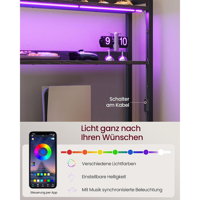 Ігровий стіл VASAGLE L-подібний з LED-підсвіткою та розетками, 160x100x150 см, чорний
