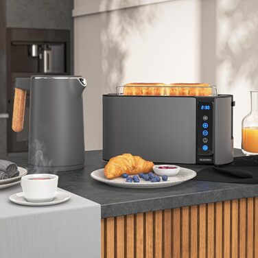 Набір Arendo: чайник з регулюванням температури та тостер з підігрівом – нержавіюча сталь, сірий