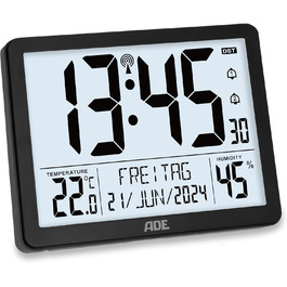 Digital XL Radio Clock with Very Large Numbers | Alarm Clock with 2 Alarm Times and Backlight | Thermometer Hygrometer | Slim Frame Made of Real Wood (Black)