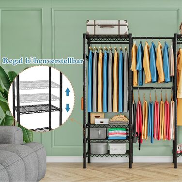 Розширюваний вішак для одягу, металева штанга для одягу, важкий металевий вішак для одягу з гачками, чорний (70.3-89.8” x 14” x 71.3”)