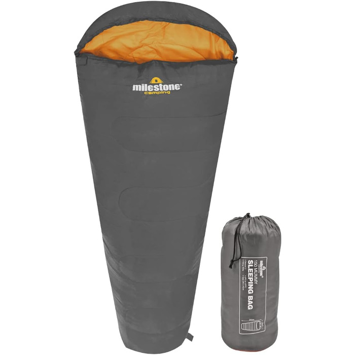 Спальний мішок Milestone Camping Mumienschlaфack, сірий & оранжевий, для одного, зручний та портативний, з сумкою, водонепроникний, 2 сезони, для одного, односпальний