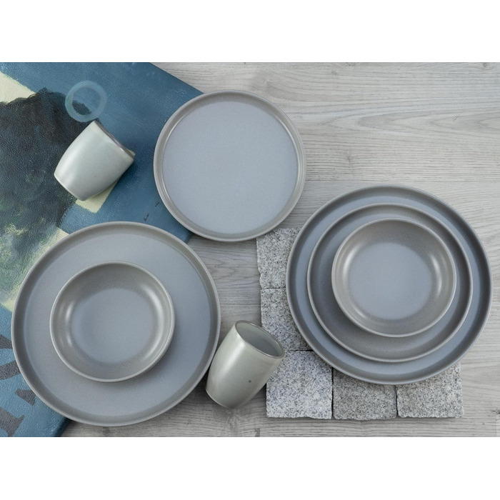 CreaTable Серія Uno: 16-ти частинний набір посуду з каменю (сірий, для 4 осіб), сумісний з мийкою та мікрохвильовкою, Made in Europe