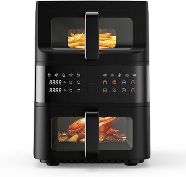 Електрична фритюрниця без олії (10л) з подвійним набором камер, подвійний набір, сенсорний екран, 10 програм, таймер, чорна