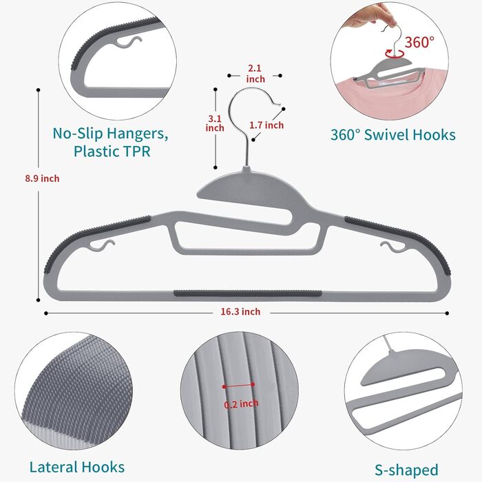 Плечики для одягу з пластику, 20 шт. Плечики з неслизьким покриттям, U-подібний отвір, для мокрого та сухого одягу, економія місця, з тримачем для краваток та поворотним гачком 360°, сірий + сріблястий, APY0420G