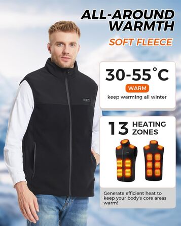 Електрична гріюча жилетка з флісу для чоловіків та жінок, 13 зон обігріву, 3 режими температури, Powerbank 10000mAh, Ritter, чорна